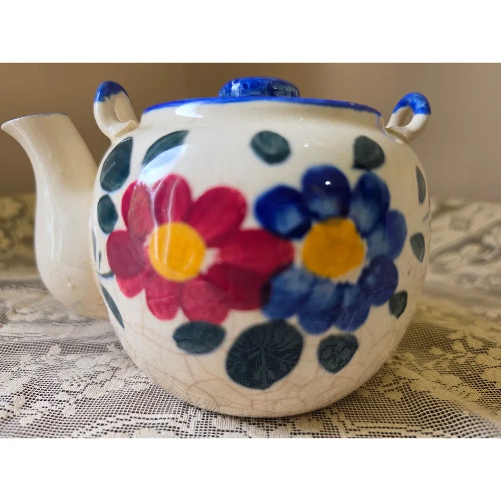Vtg Made in Japan Hand Painted Flower Tea Pot Blue Red Floral Crazing Glaze